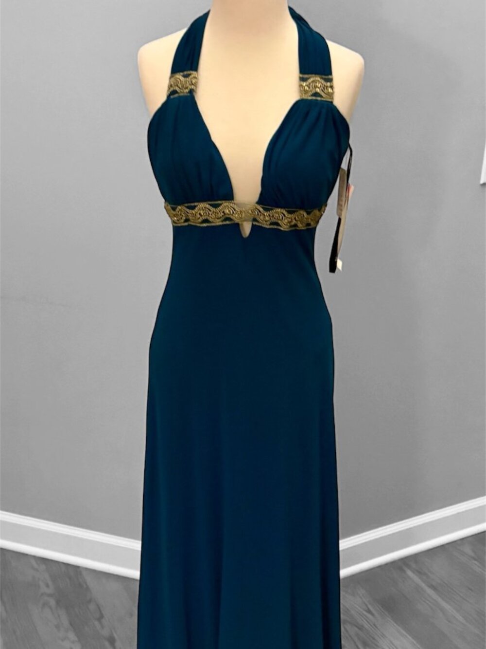 Y2K era Morgan & Co Teal Evening Long Gown Halter Style with Deep Plunge V Sz Sm